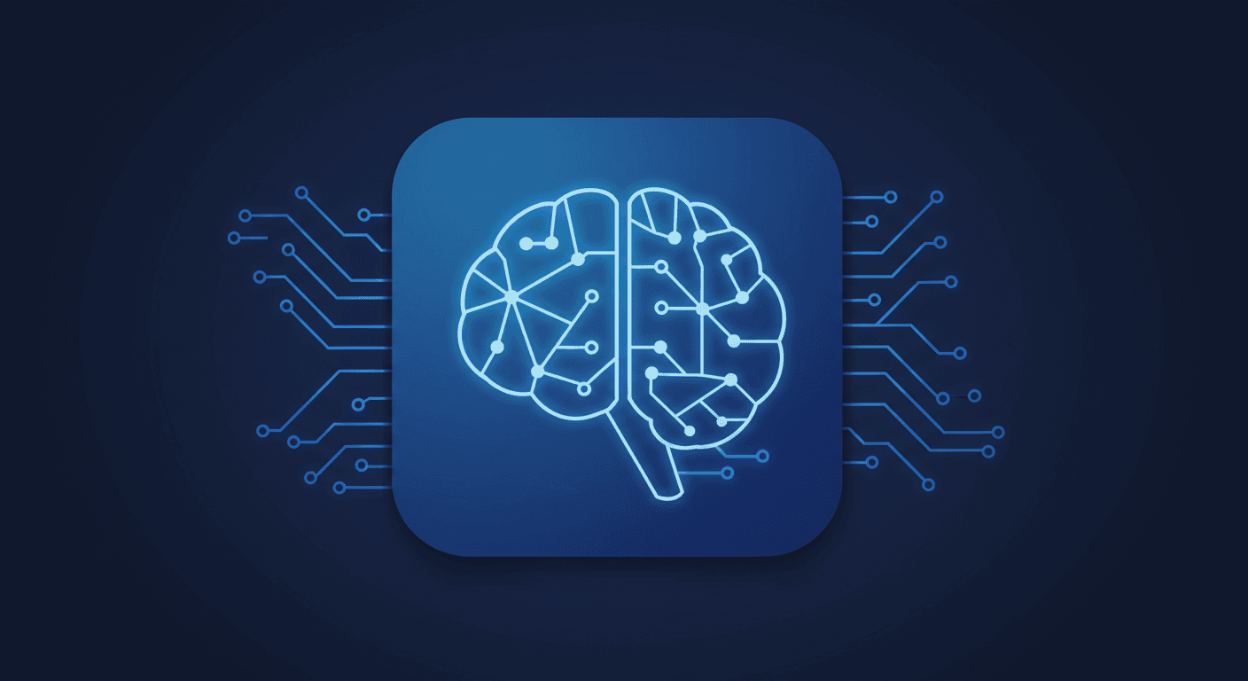 Glowing brain icon intertwined with circuits on tech blue background.