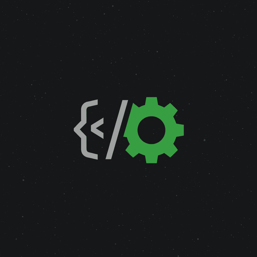 Code brackets merging with a gear icon on green/grey background.