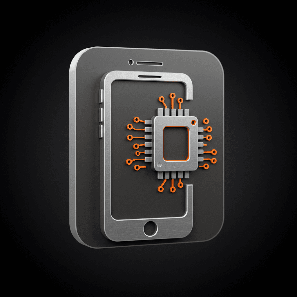 CPU chip and smartphone icon with metallic texture.