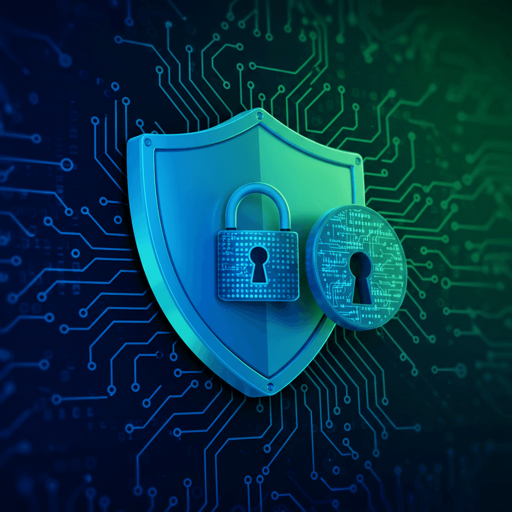 Shield icon with digital lock on circuit background.