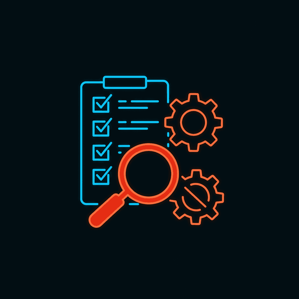 Magnifying glass, checklist, and wrench icon.