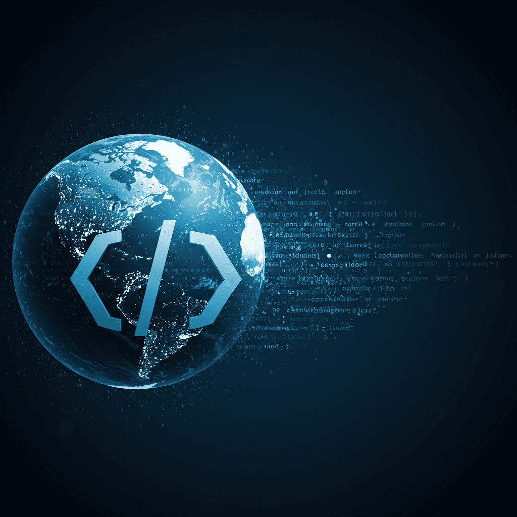 Code brackets transforming into a globe icon.