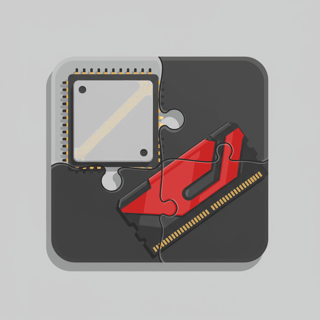 Stylized PC components fitting together icon.